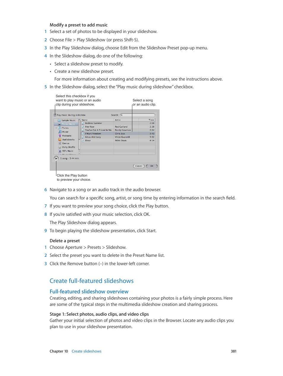 Create full-featured slideshows, Full-featured slideshow overview, 381 create full-featured slideshows 381 | Full-featured, Slideshow overview | Apple Aperture 3.5 User Manual | Page 381 / 526