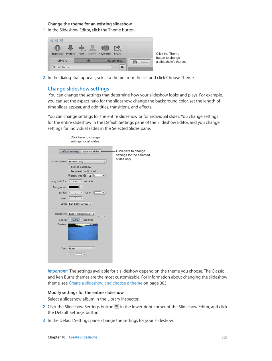 Change slideshow settings | Apple Aperture 3.5 User Manual | Page 385 / 526