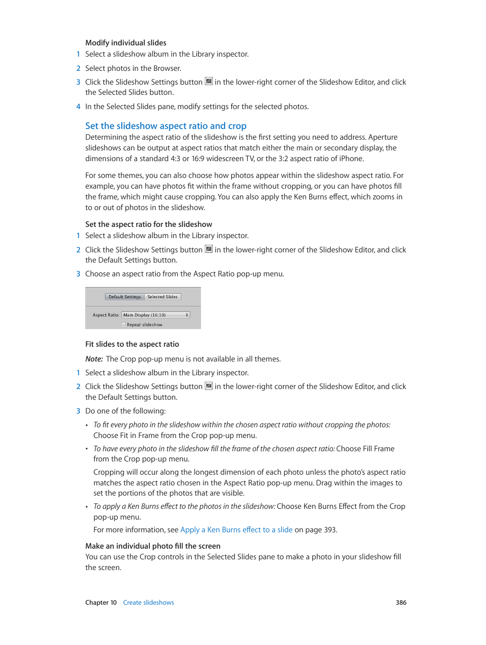Set the slideshow aspect ratio and crop | Apple Aperture 3.5 User Manual | Page 386 / 526
