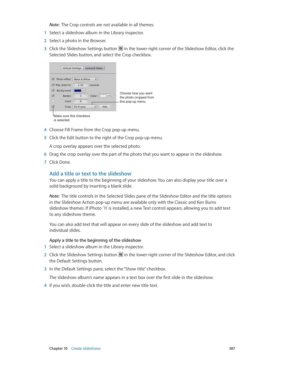 Add a title or text to the slideshow | Apple Aperture 3.5 User Manual | Page 387 / 526