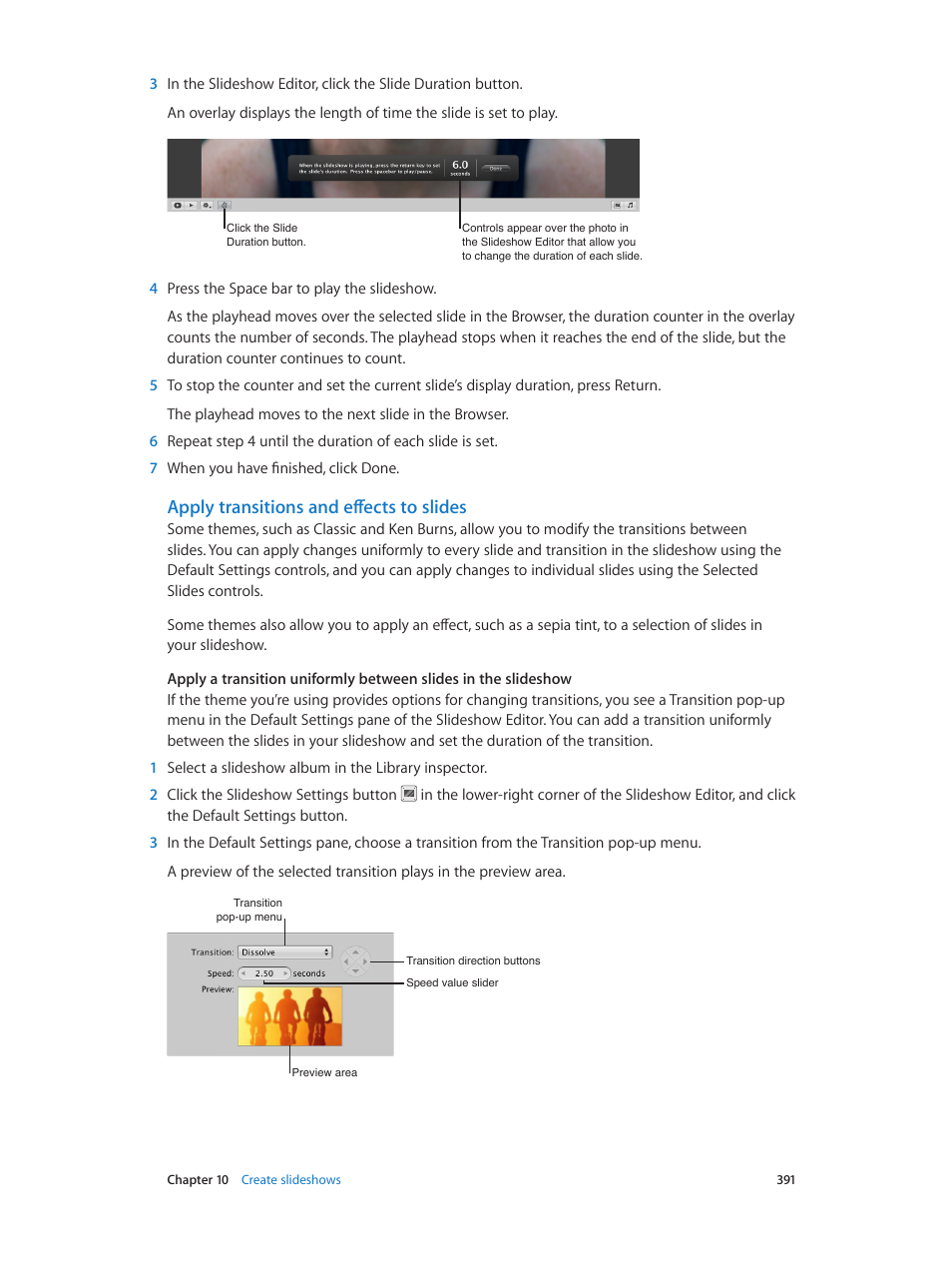 Apply transitions and effects to slides | Apple Aperture 3.5 User Manual | Page 391 / 526