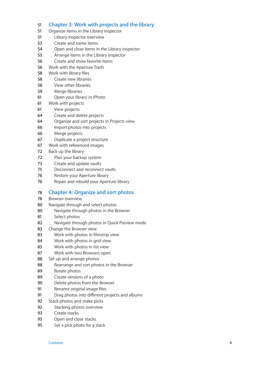 Chapter 3: work with projects and the library, Chapter 4: organize and sort photos | Apple Aperture 3.5 User Manual | Page 4 / 526