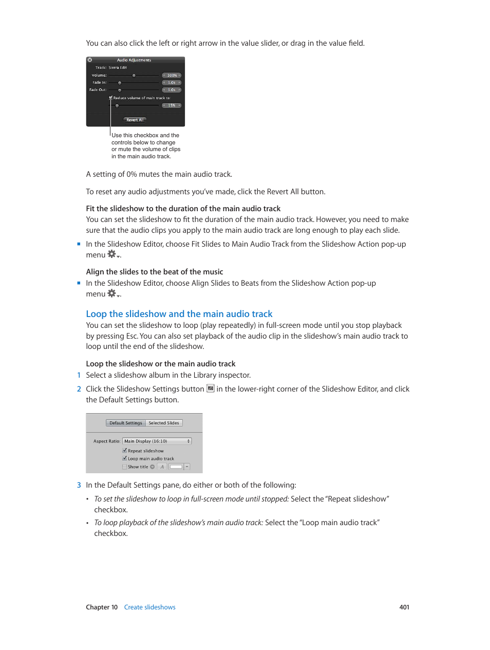 Loop the slideshow and the main audio track | Apple Aperture 3.5 User Manual | Page 401 / 526