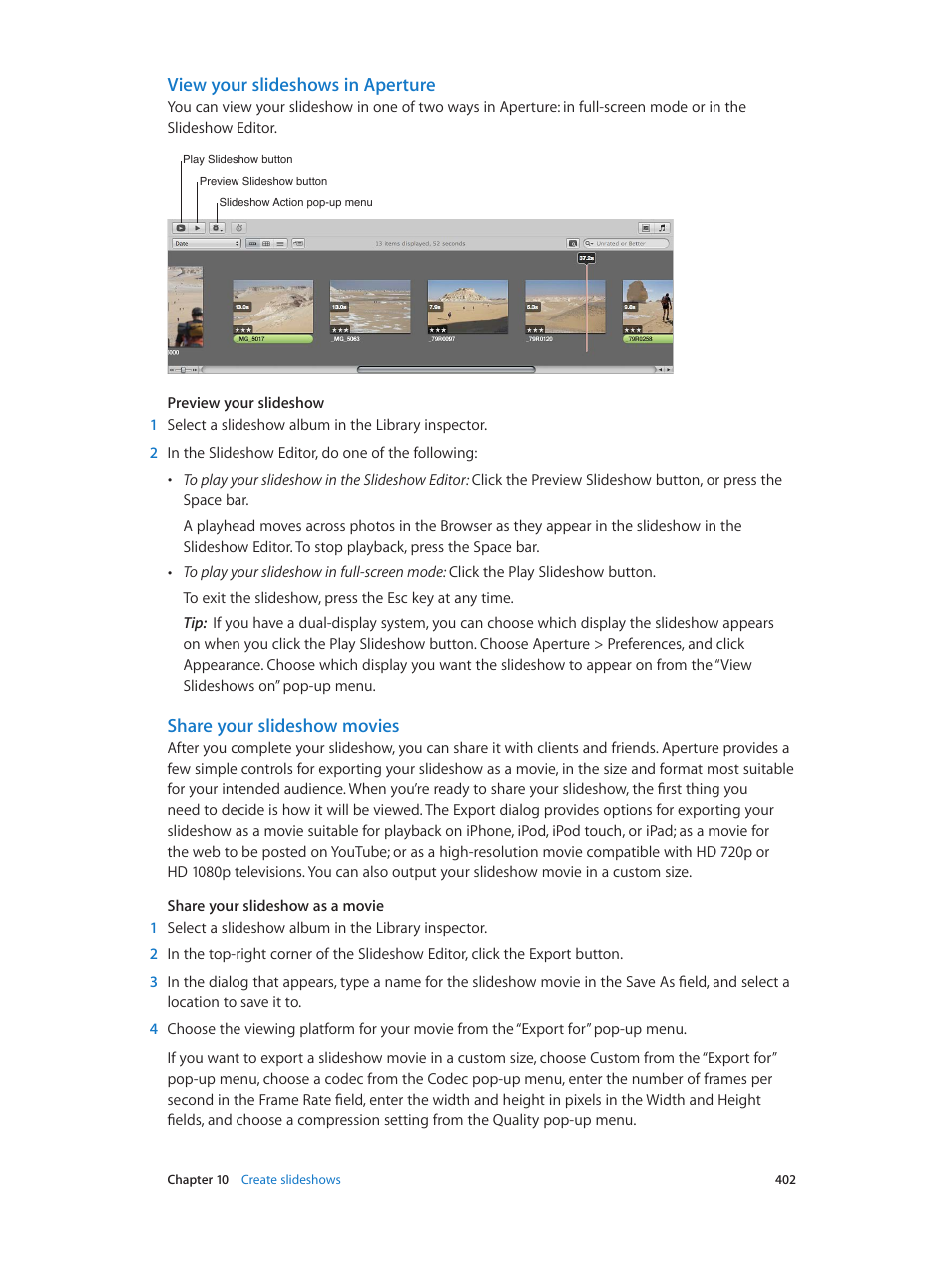 View your slideshows in aperture, Share your slideshow movies | Apple Aperture 3.5 User Manual | Page 402 / 526