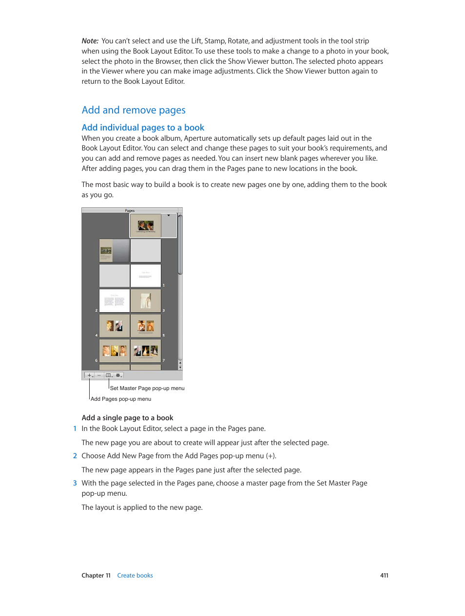 Add and remove pages, Add individual pages to a book | Apple Aperture 3.5 User Manual | Page 411 / 526