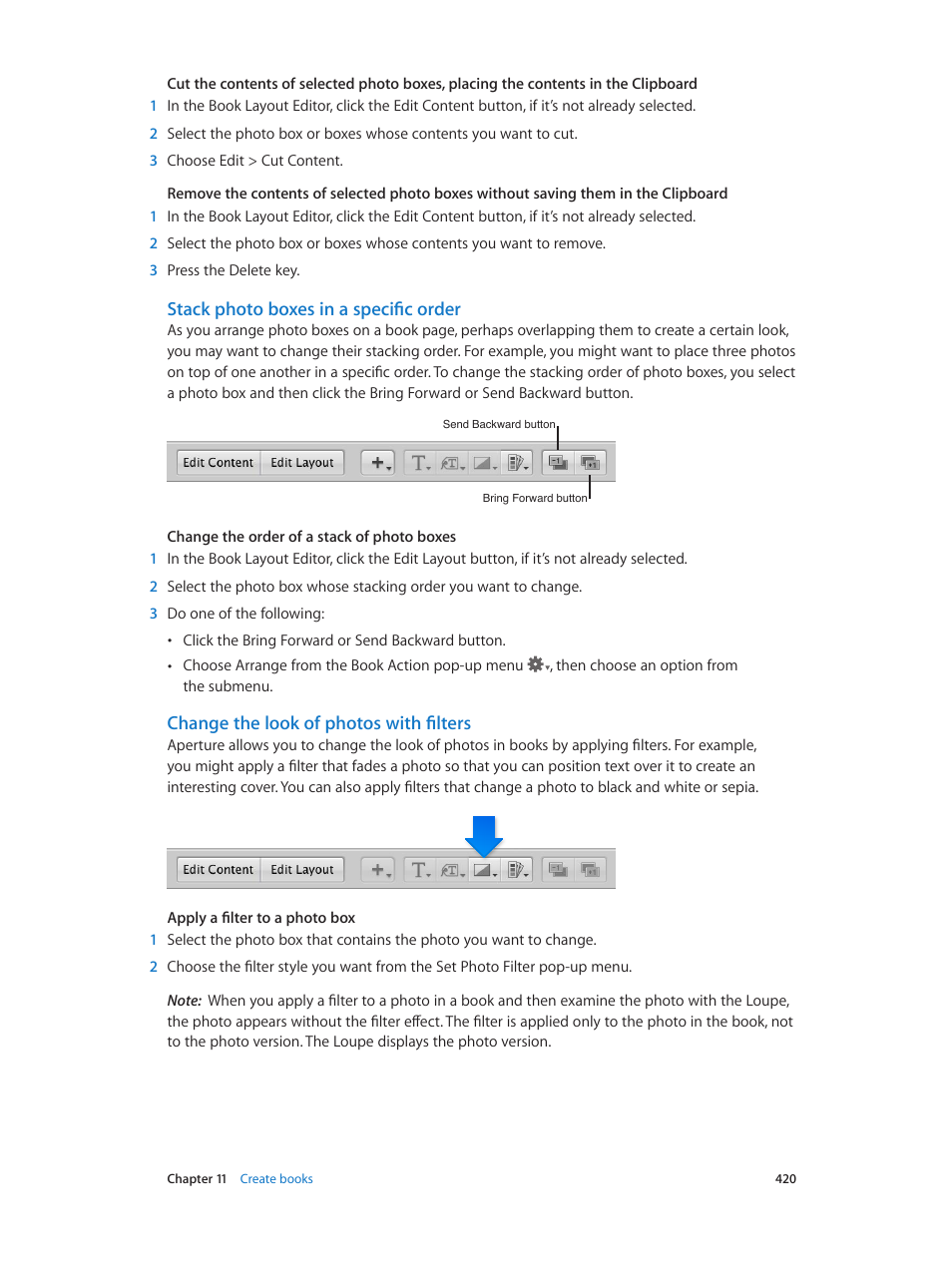 Stack photo boxes in a specific order, Change the look of photos with filters | Apple Aperture 3.5 User Manual | Page 420 / 526
