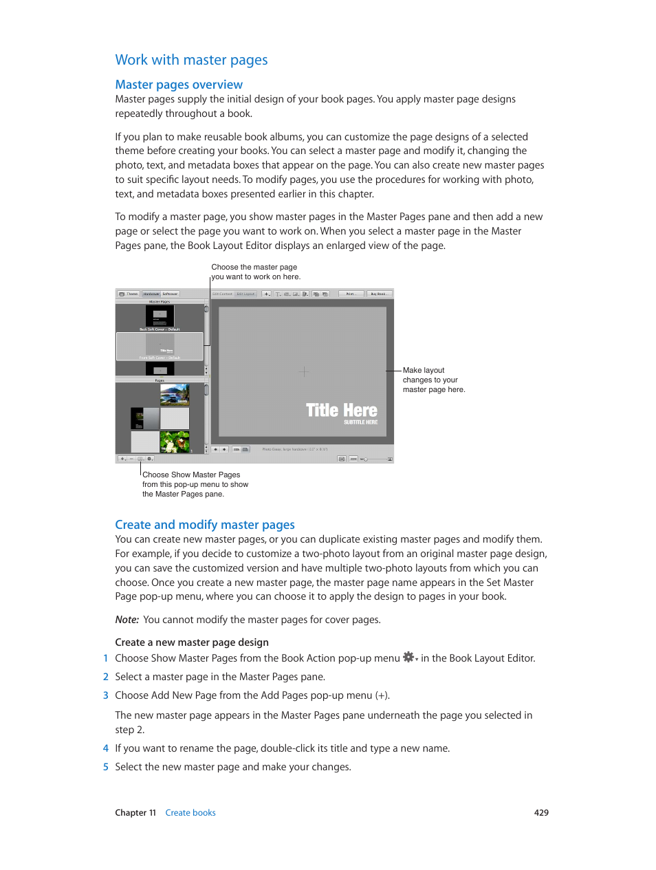 Work with master pages, Master pages overview, Create and modify master pages | Apple Aperture 3.5 User Manual | Page 429 / 526