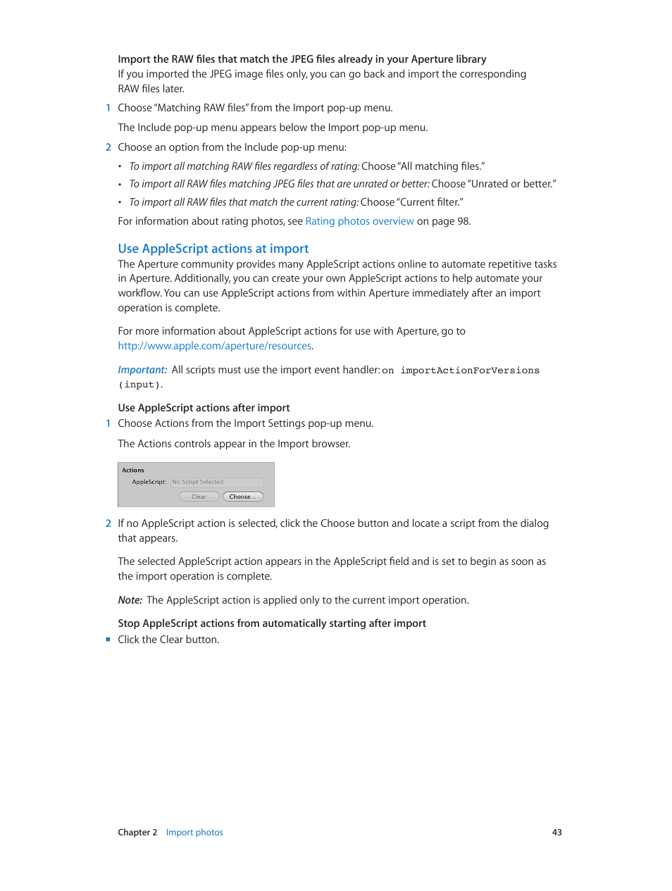 Use applescript actions at import | Apple Aperture 3.5 User Manual | Page 43 / 526