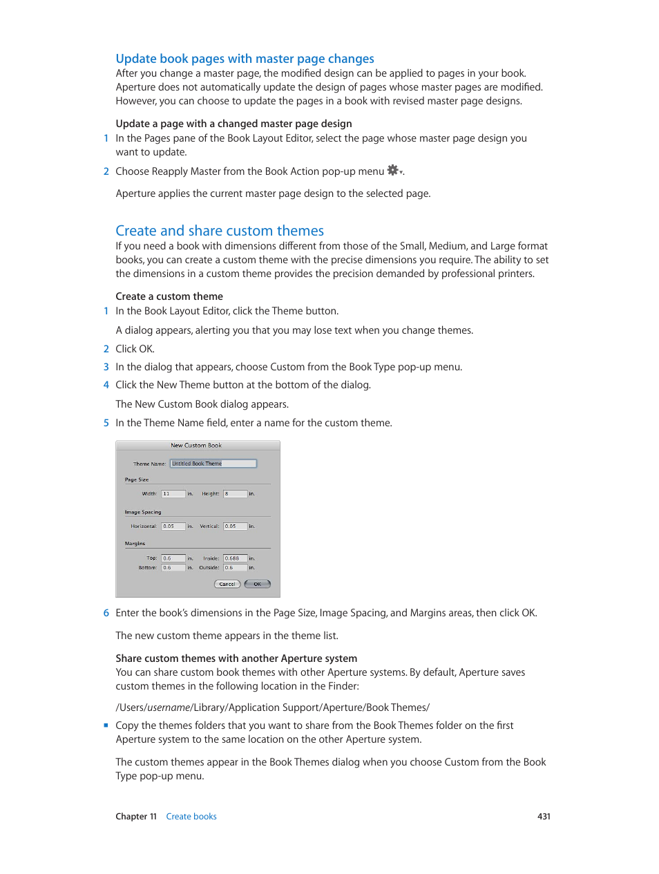 Create and share custom themes, 431 create and share custom themes, Update book pages with master page changes | Apple Aperture 3.5 User Manual | Page 431 / 526