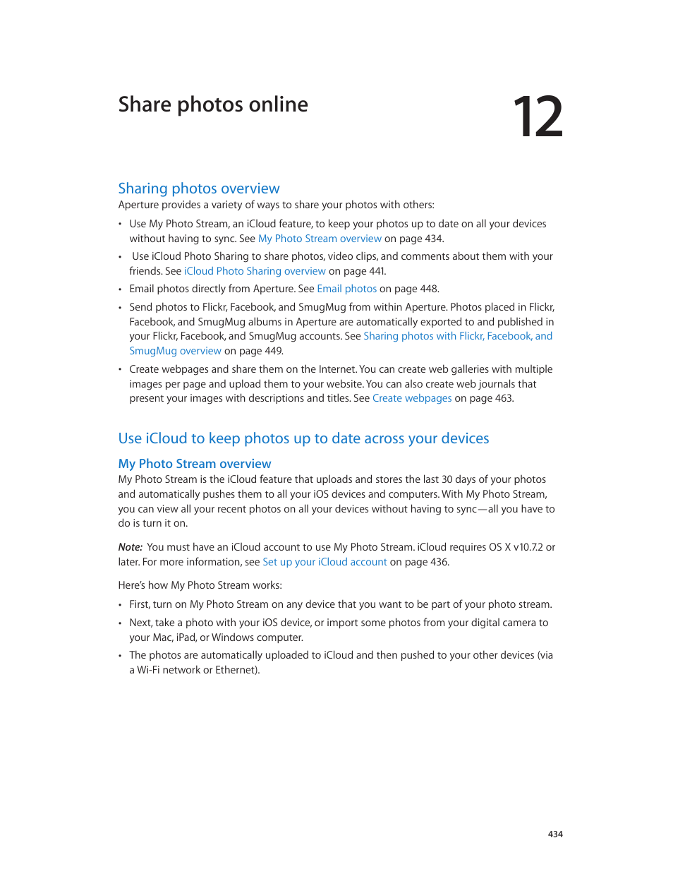Chapter 12: share photos online, Sharing photos overview, My photo stream overview | Share photos online | Apple Aperture 3.5 User Manual | Page 434 / 526