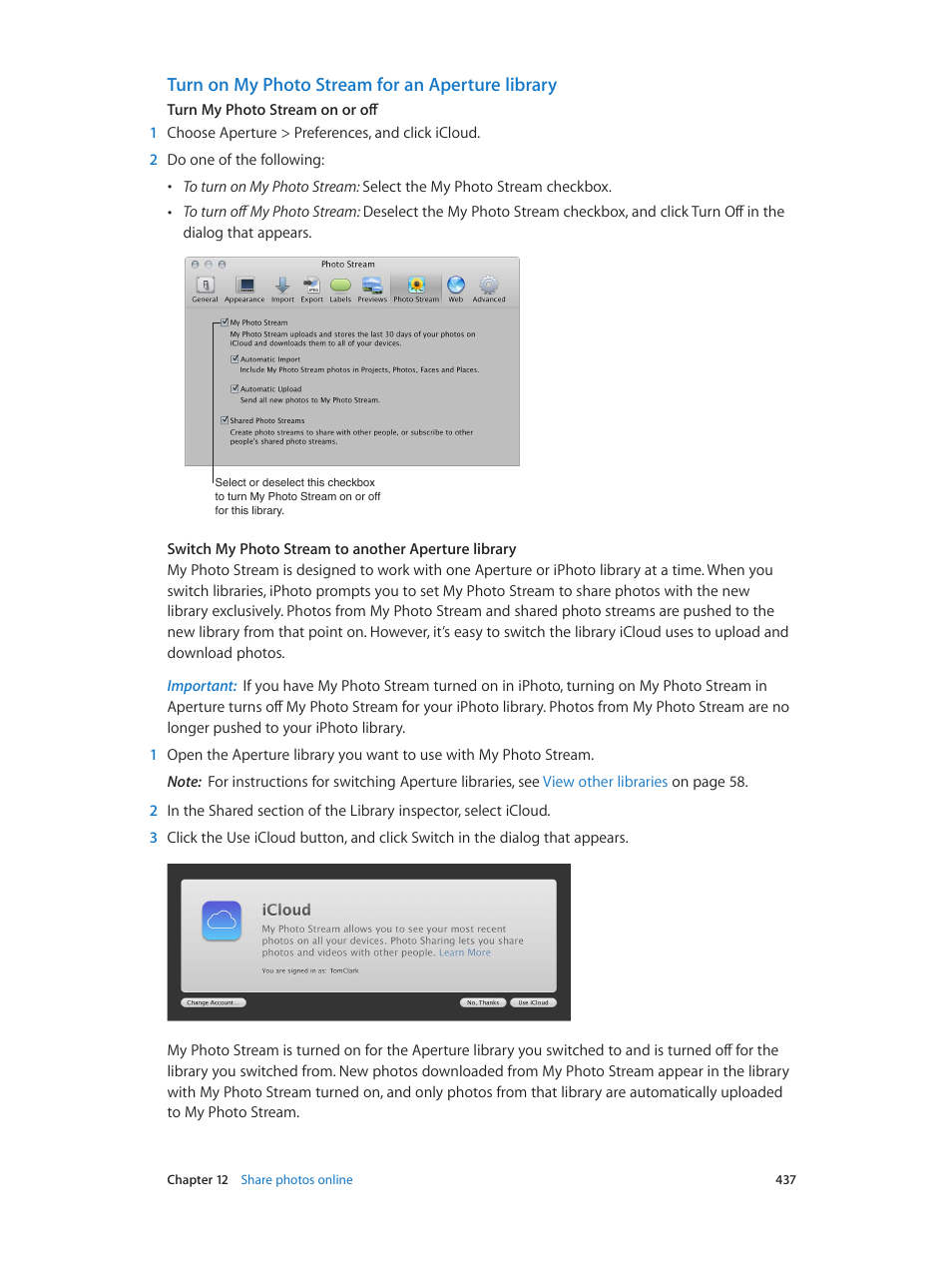Turn on my photo stream for an aperture library | Apple Aperture 3.5 User Manual | Page 437 / 526