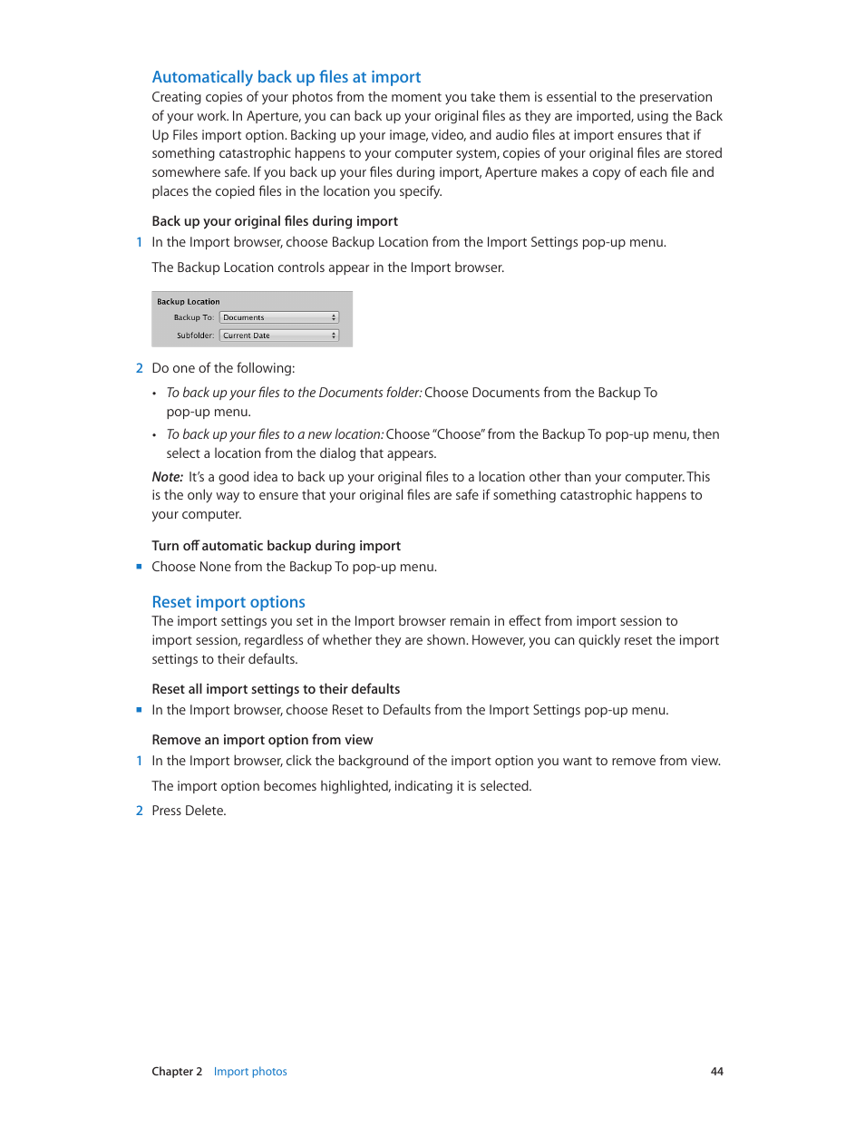 Automatically back up files at import, Reset import options | Apple Aperture 3.5 User Manual | Page 44 / 526