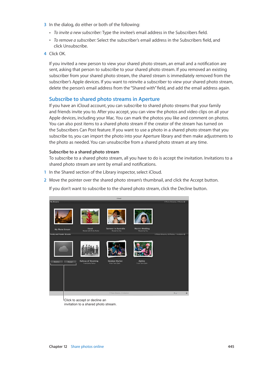 Subscribe to shared photo streams in aperture | Apple Aperture 3.5 User Manual | Page 445 / 526