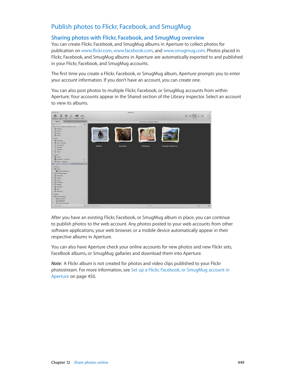 Publish photos to flickr, facebook, and smugmug, Sharing photos with flickr, facebook, and, Smugmug overview | Apple Aperture 3.5 User Manual | Page 449 / 526