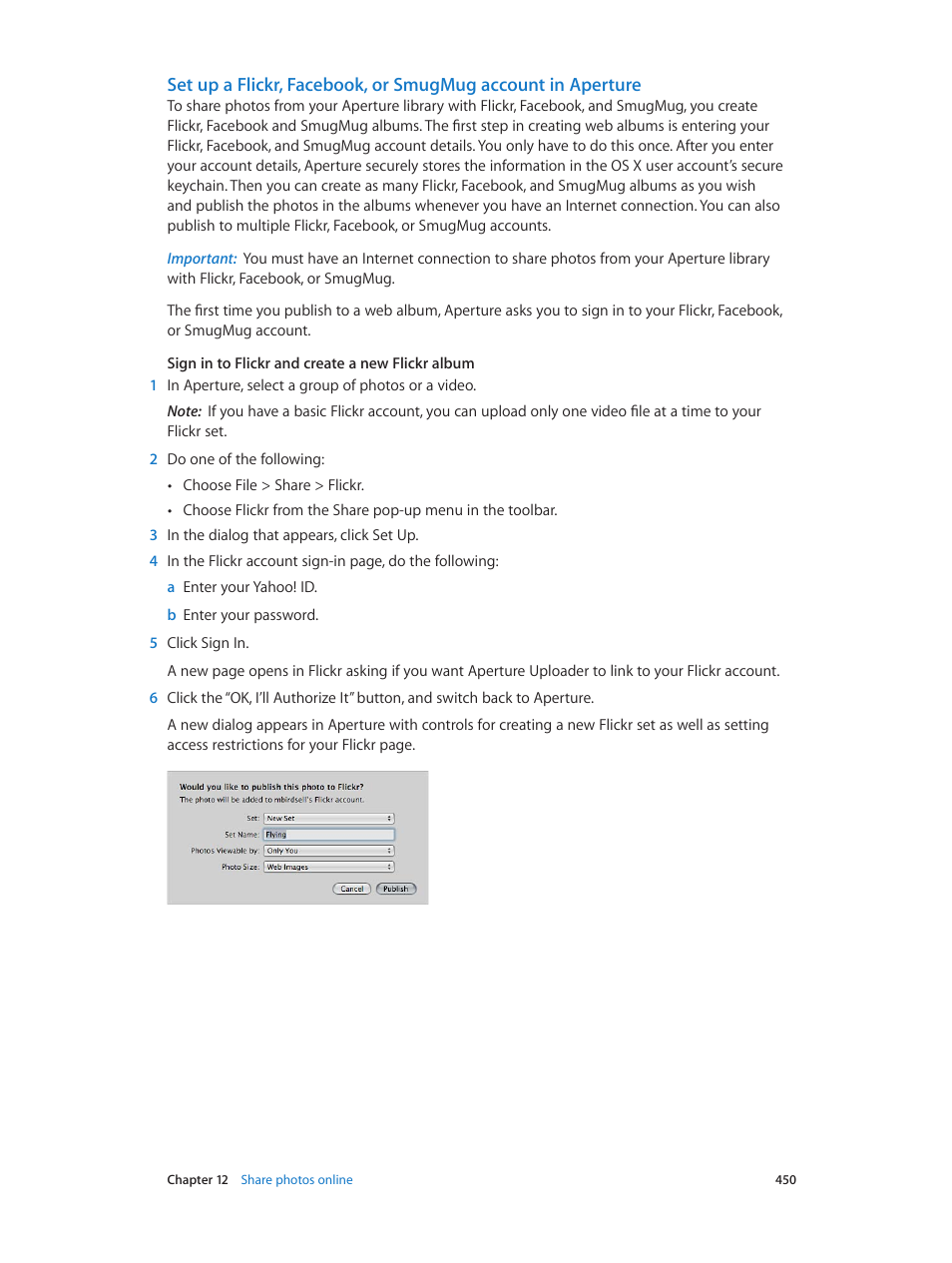 Set up a flickr, facebook, or smugmug account in, Aperture | Apple Aperture 3.5 User Manual | Page 450 / 526