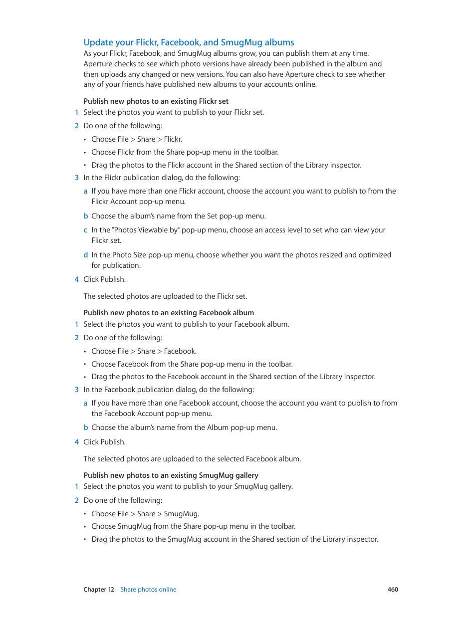 Update your flickr, facebook, and smugmug albums, Update your flickr, Facebook, and smugmug albums | Update, Your flickr, facebook, and smugmug albums | Apple Aperture 3.5 User Manual | Page 460 / 526