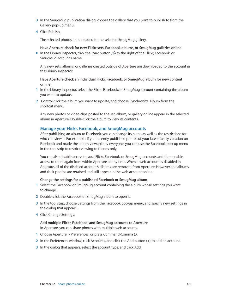 Manage your flickr, facebook, and smugmug accounts | Apple Aperture 3.5 User Manual | Page 461 / 526