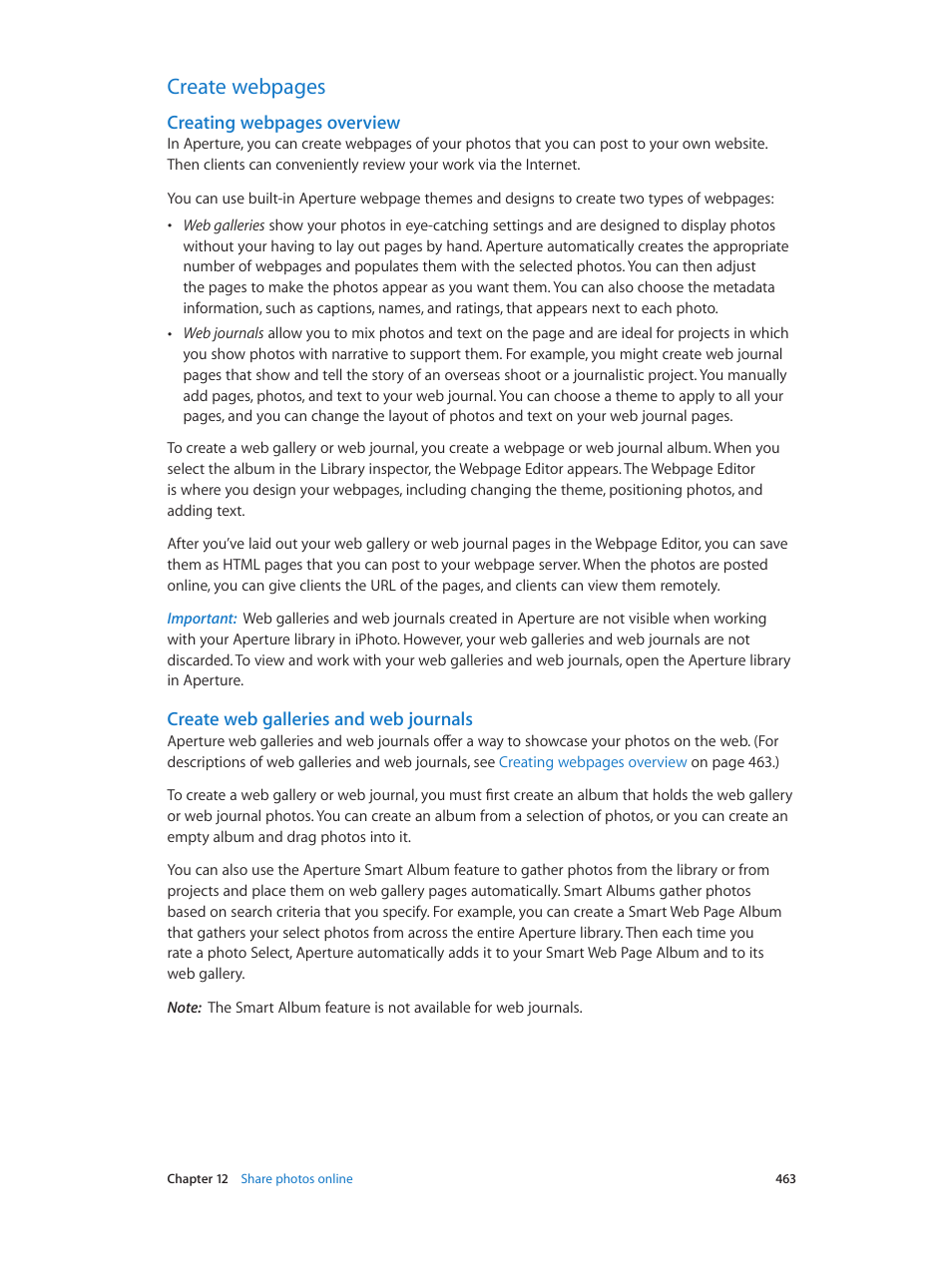 Create web galleries and web journals, Create webpages, Creating webpages overview | Apple Aperture 3.5 User Manual | Page 463 / 526