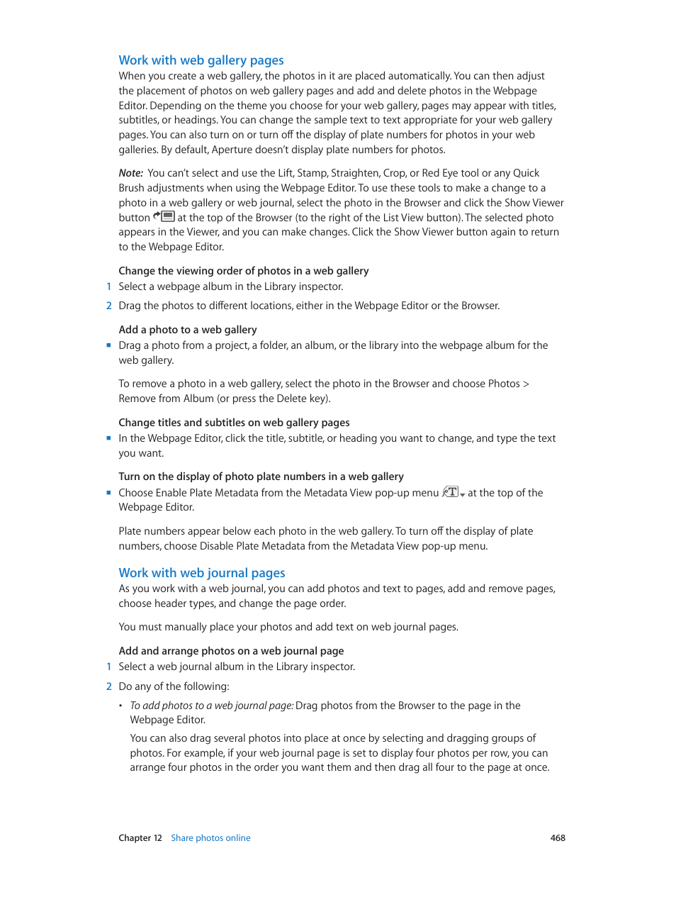 Work with web gallery pages, Work with web journal pages | Apple Aperture 3.5 User Manual | Page 468 / 526