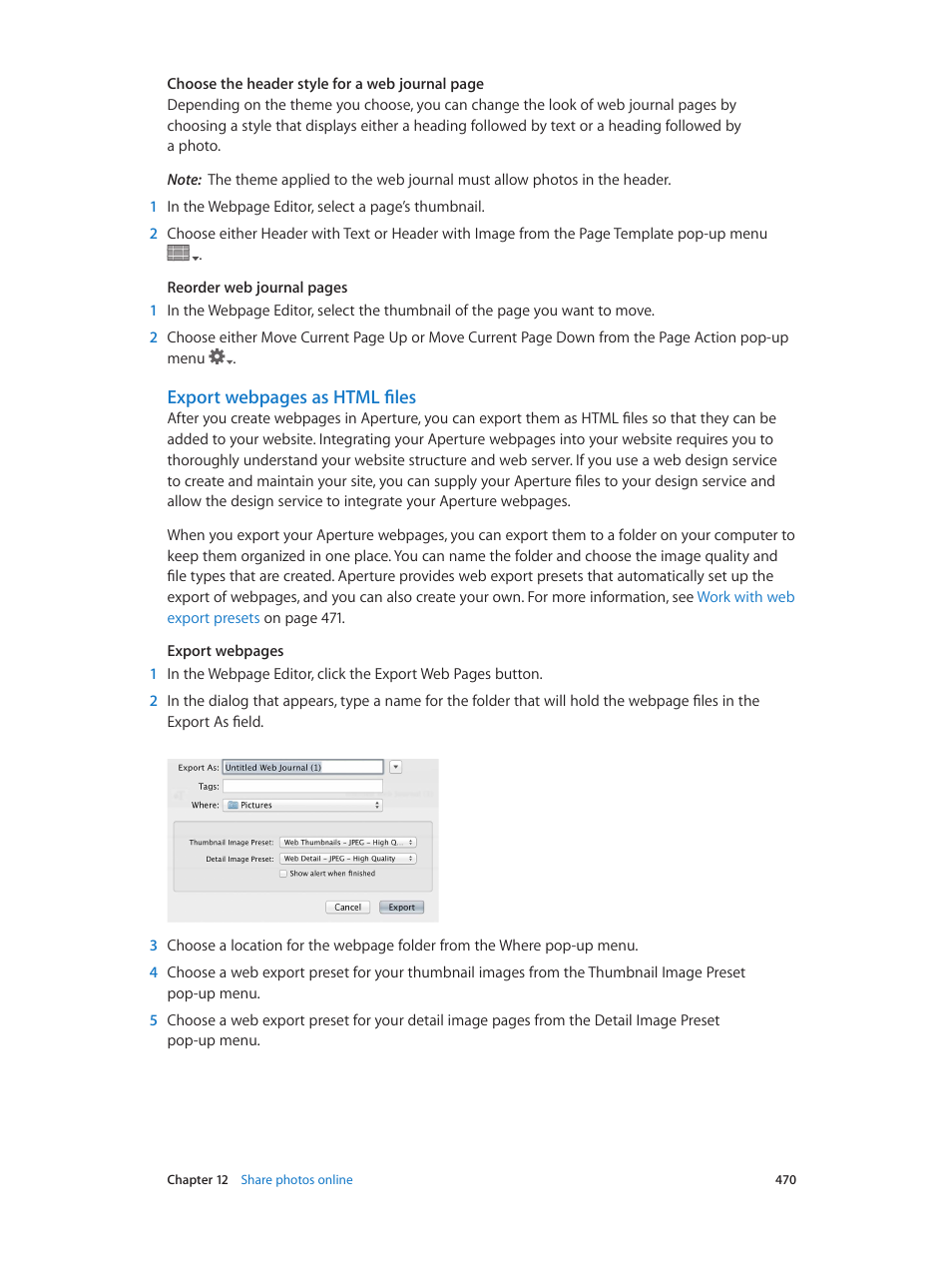 Export webpages as html files | Apple Aperture 3.5 User Manual | Page 470 / 526