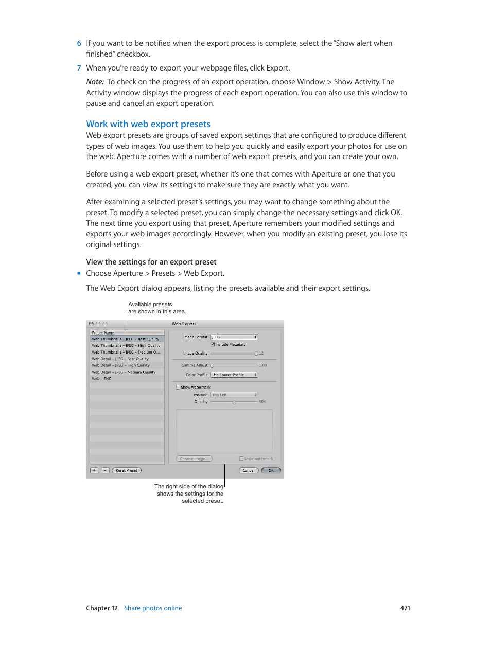Work with web export presets, Work with web, Export presets | Apple Aperture 3.5 User Manual | Page 471 / 526
