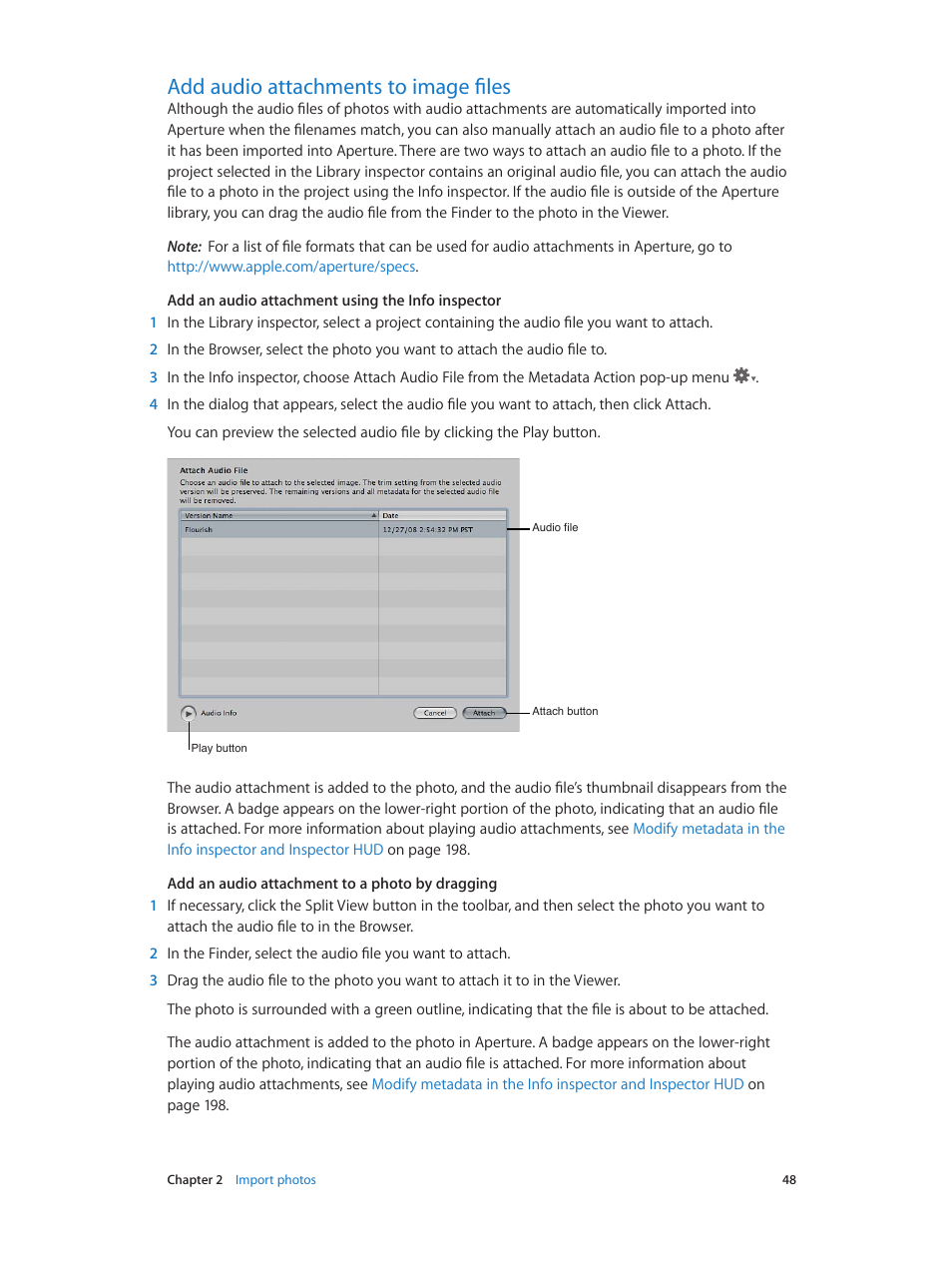 Add audio attachments to image files, 48 add audio attachments to image files | Apple Aperture 3.5 User Manual | Page 48 / 526