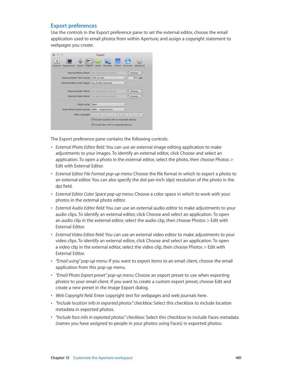 Export preferences, Tion see | Apple Aperture 3.5 User Manual | Page 481 / 526