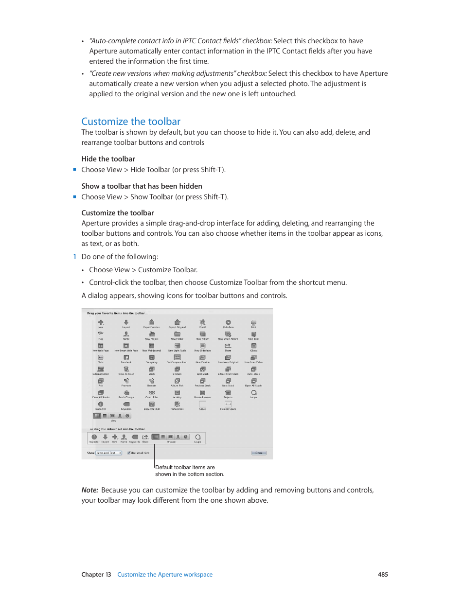 Customize the toolbar, 485 customize the toolbar | Apple Aperture 3.5 User Manual | Page 485 / 526