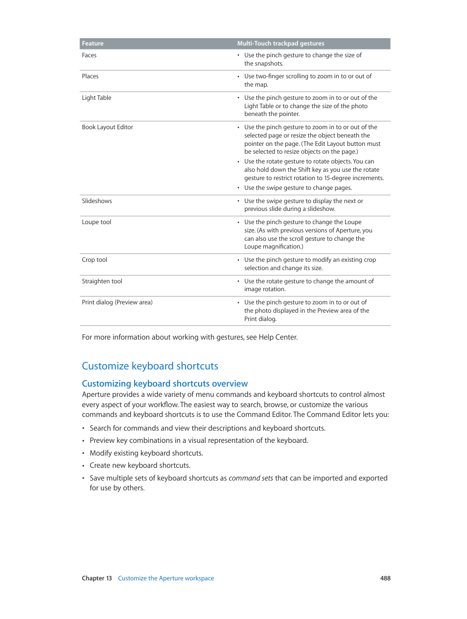 Customize keyboard shortcuts, Customizing keyboard shortcuts overview, 488 customize keyboard shortcuts 488 | Apple Aperture 3.5 User Manual | Page 488 / 526