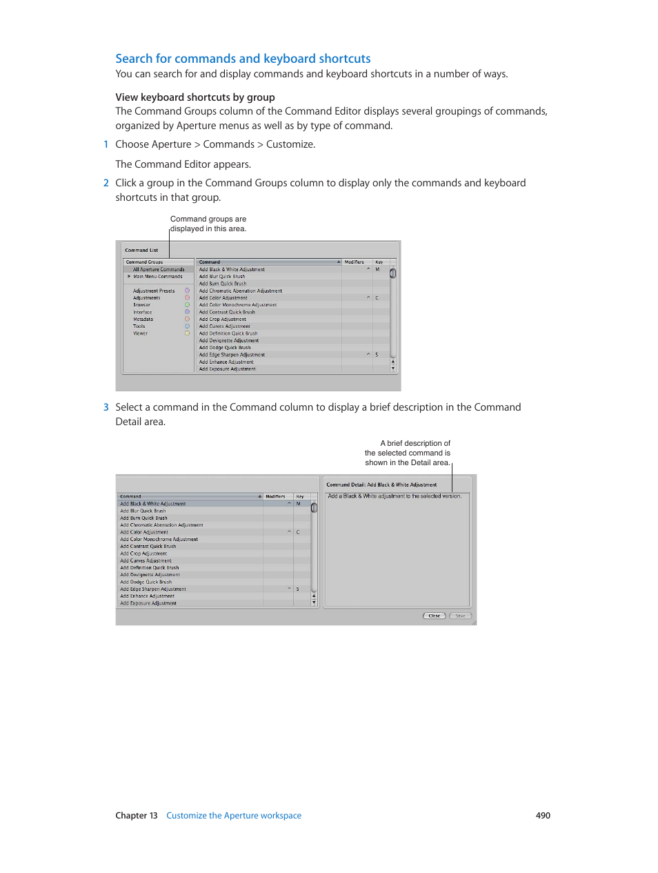 Search for commands and keyboard shortcuts | Apple Aperture 3.5 User Manual | Page 490 / 526