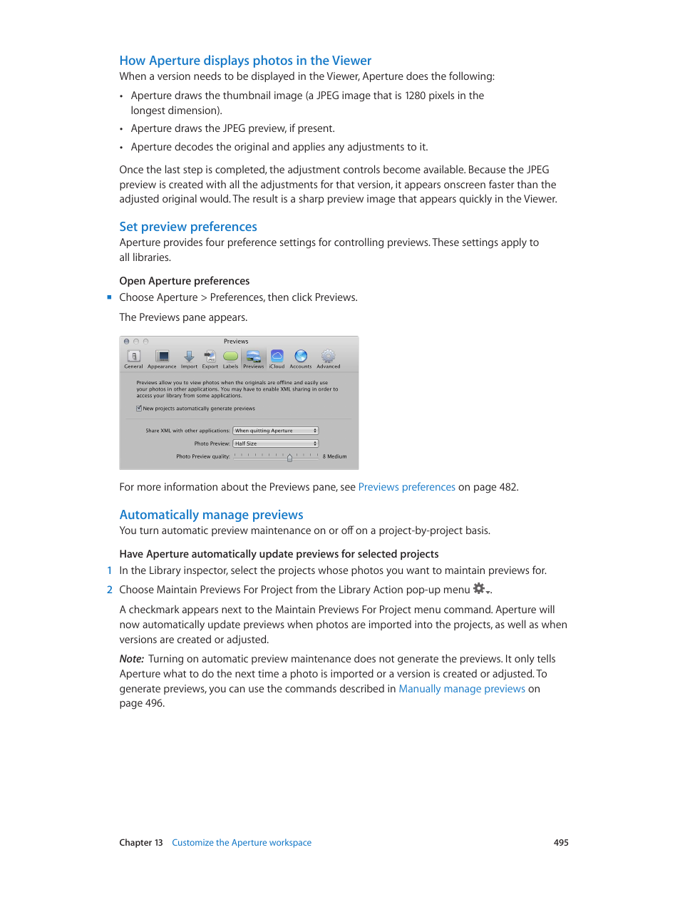How aperture displays photos in the viewer, Set preview preferences, Automatically manage previews | Apple Aperture 3.5 User Manual | Page 495 / 526