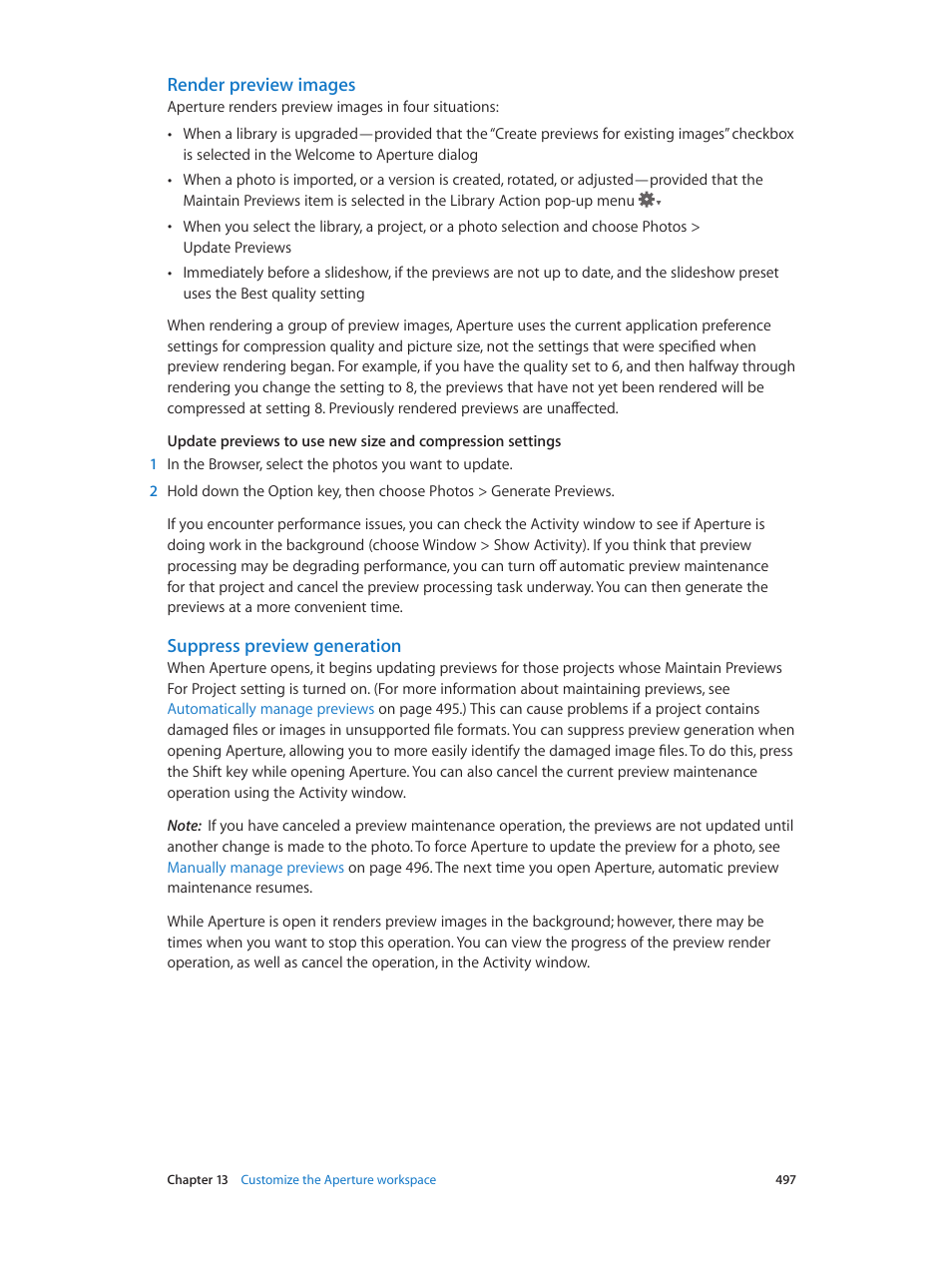 Render preview images, Suppress preview generation | Apple Aperture 3.5 User Manual | Page 497 / 526