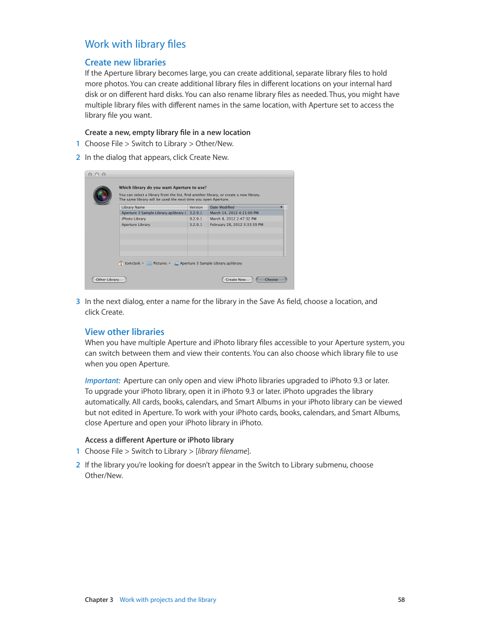 Work with library files, Create new libraries, View other libraries | 58 work with library files 58, 58 and, View, Other libraries | Apple Aperture 3.5 User Manual | Page 58 / 526