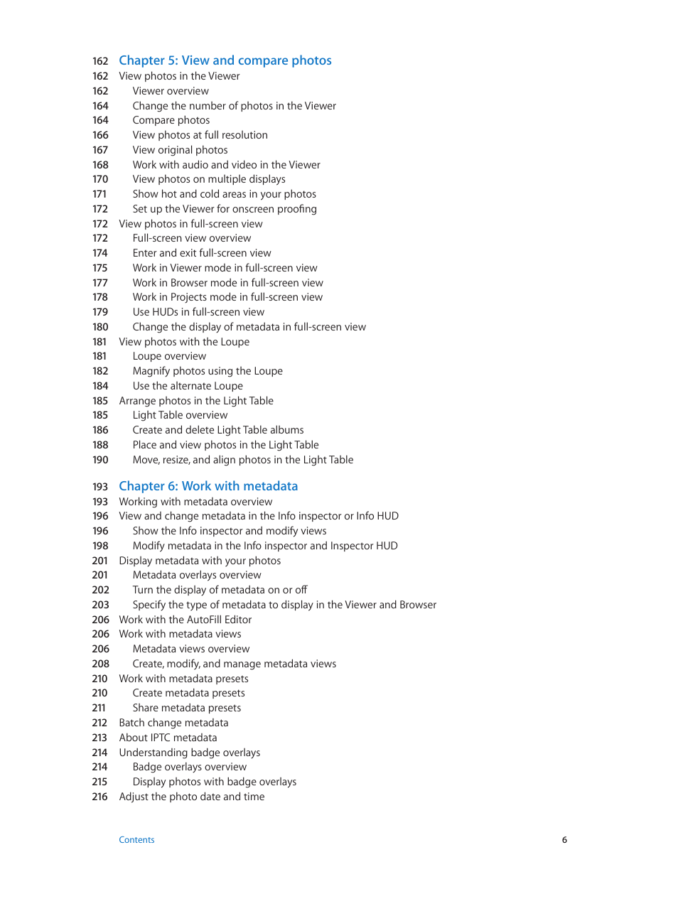Chapter 5: view and compare photos, Chapter 6: work with metadata | Apple Aperture 3.5 User Manual | Page 6 / 526