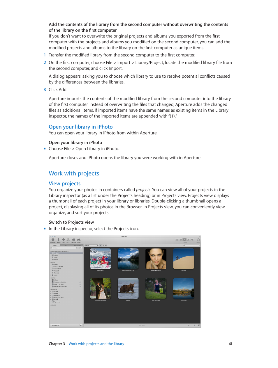Open your library in iphoto, Work with projects, View projects | 61 work with projects 61 | Apple Aperture 3.5 User Manual | Page 61 / 526