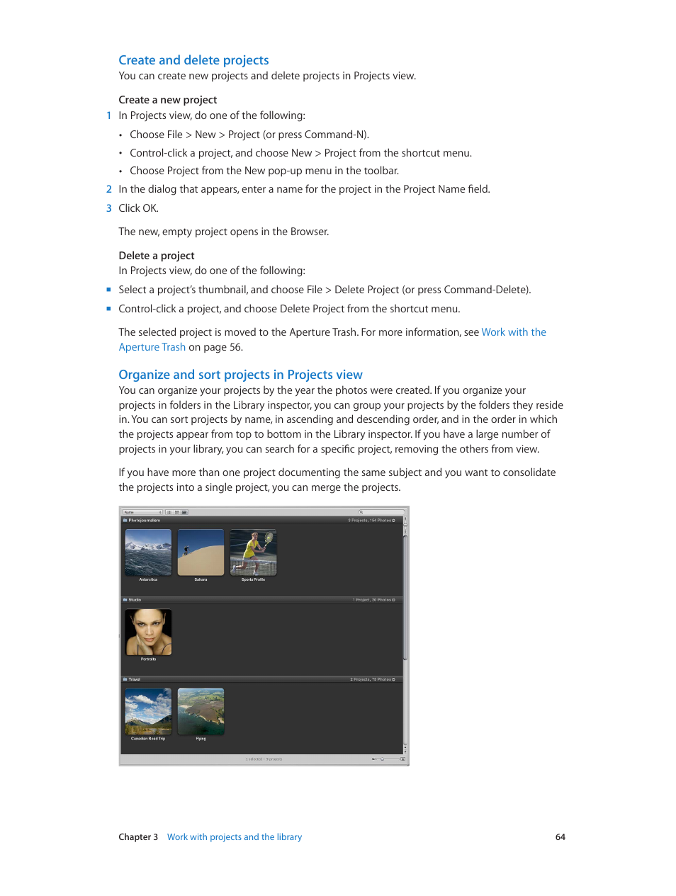 Create and delete projects, Organize and sort projects in projects view | Apple Aperture 3.5 User Manual | Page 64 / 526