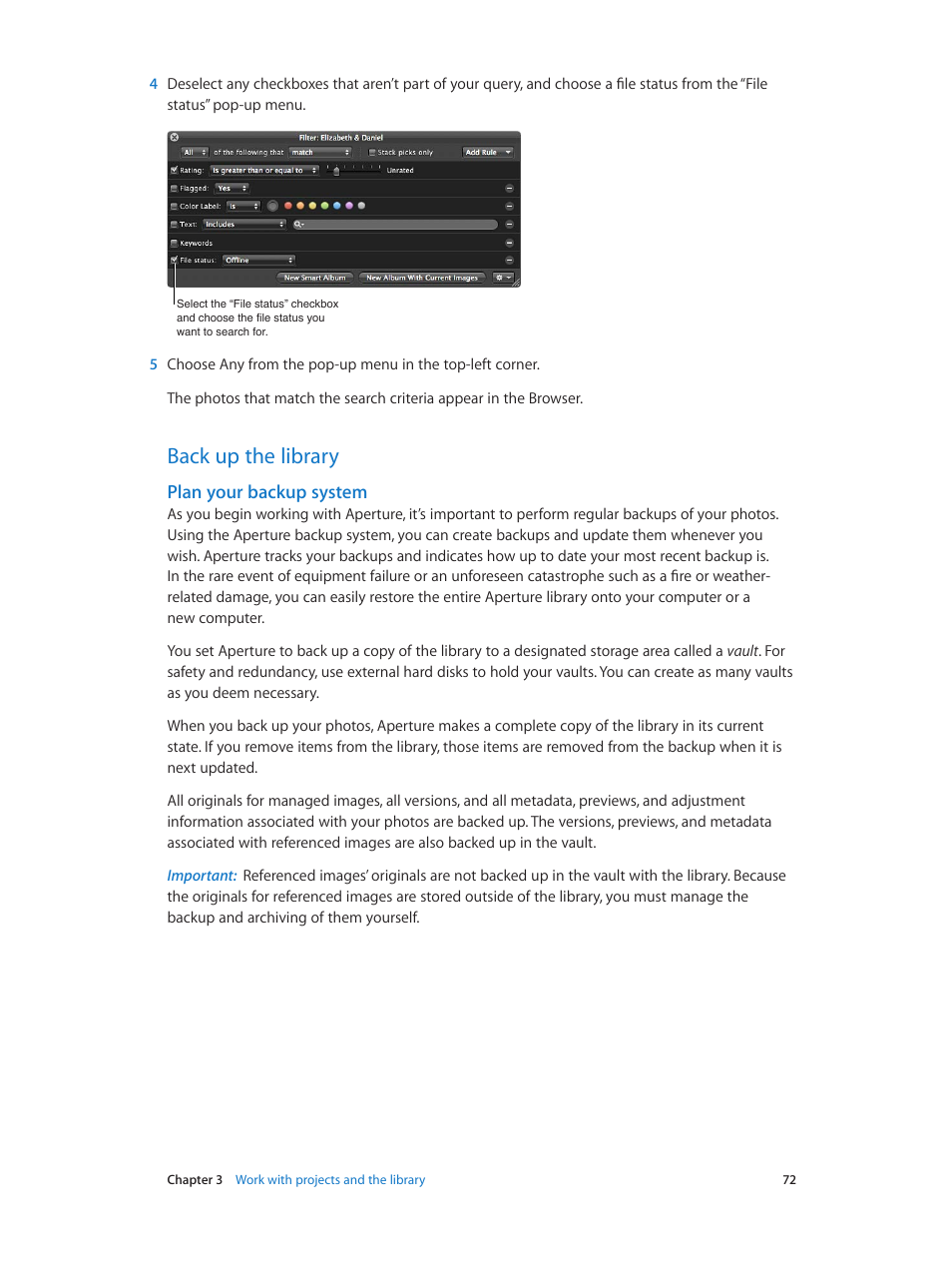Back up the library, Plan your backup system, 72 back up the library 72 | Apple Aperture 3.5 User Manual | Page 72 / 526