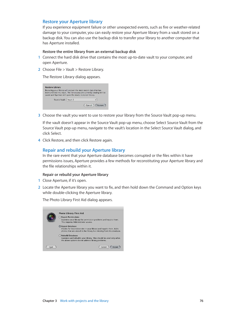 Restore your aperture library, Repair and rebuild your aperture library | Apple Aperture 3.5 User Manual | Page 76 / 526