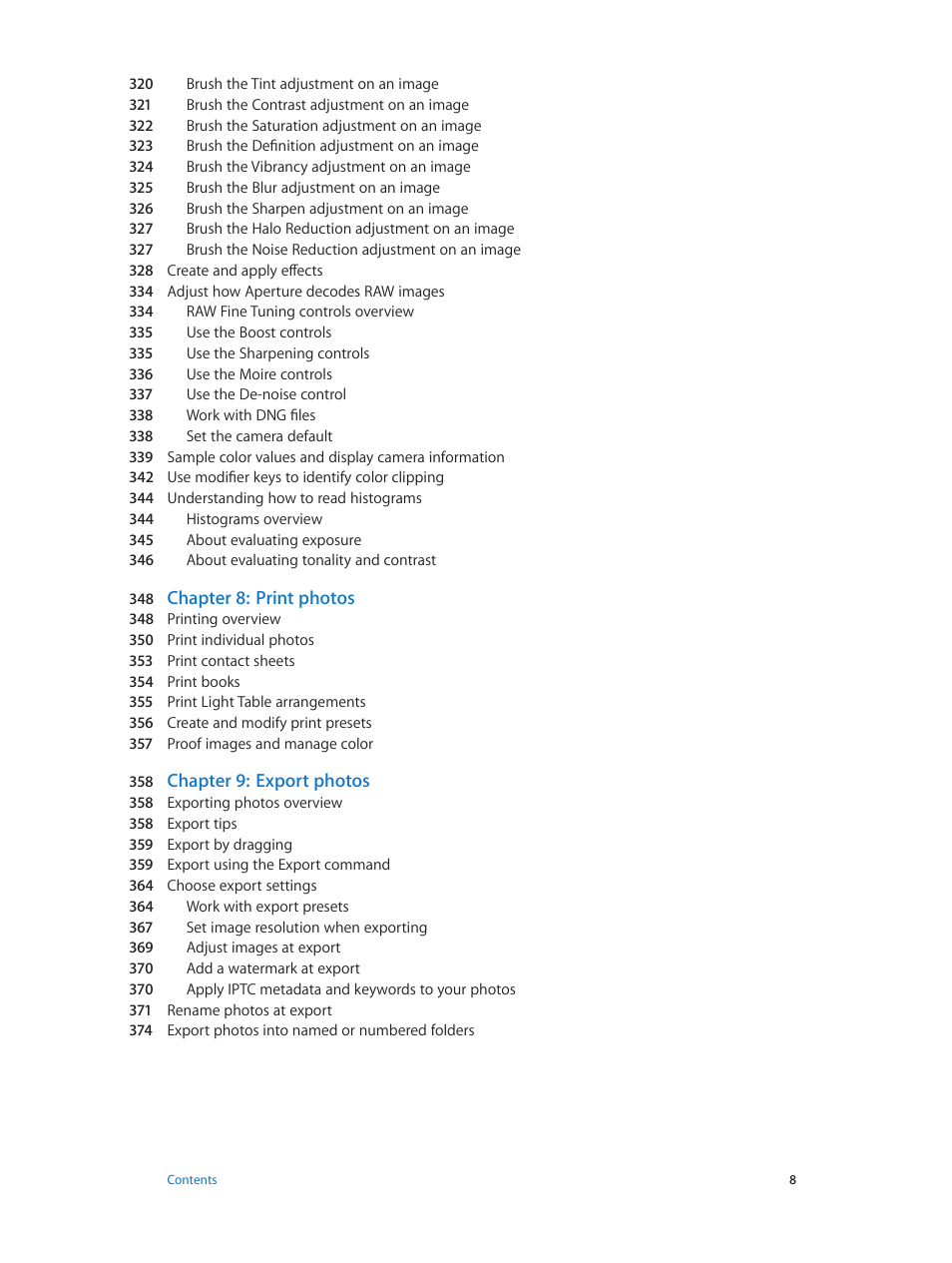 Chapter 8: print photos, Chapter 9: export photos | Apple Aperture 3.5 User Manual | Page 8 / 526