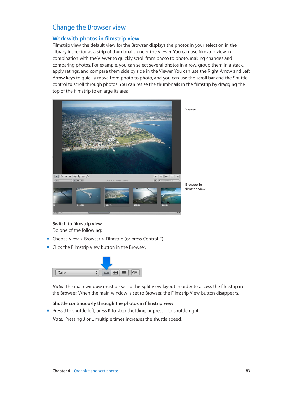 Change the browser view, Work with photos in filmstrip view, 83 change the browser view 83 | Apple Aperture 3.5 User Manual | Page 83 / 526