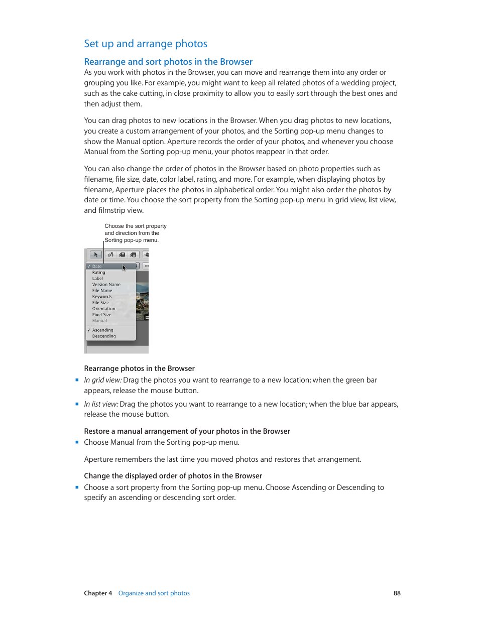 Set up and arrange photos, Rearrange and sort photos in the browser, 88 set up and arrange photos 88 | Apple Aperture 3.5 User Manual | Page 88 / 526