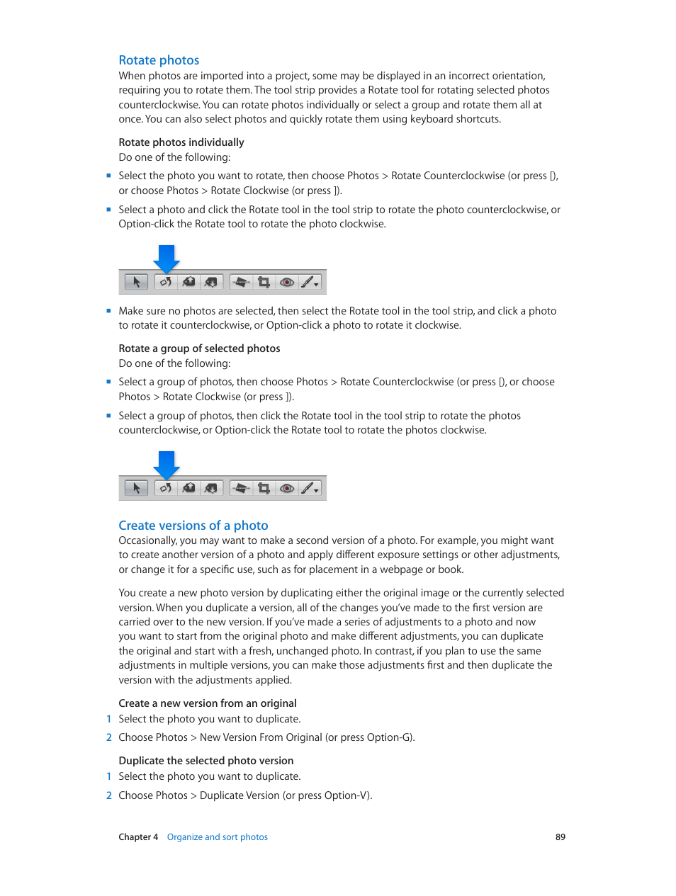 Rotate photos, Create versions of a photo | Apple Aperture 3.5 User Manual | Page 89 / 526