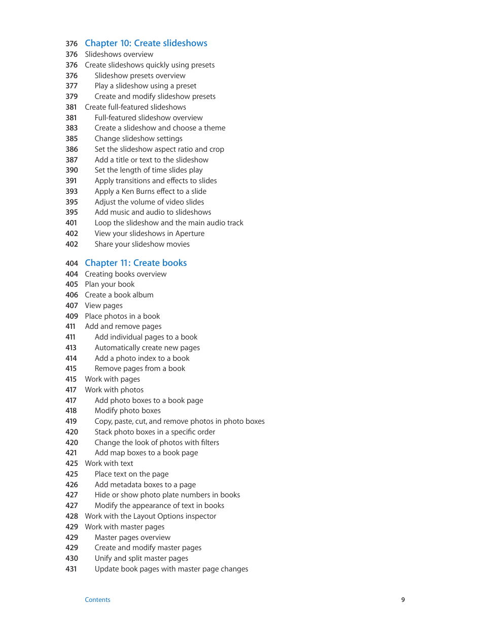 Chapter 10: create slideshows, Chapter 11: create books | Apple Aperture 3.5 User Manual | Page 9 / 526