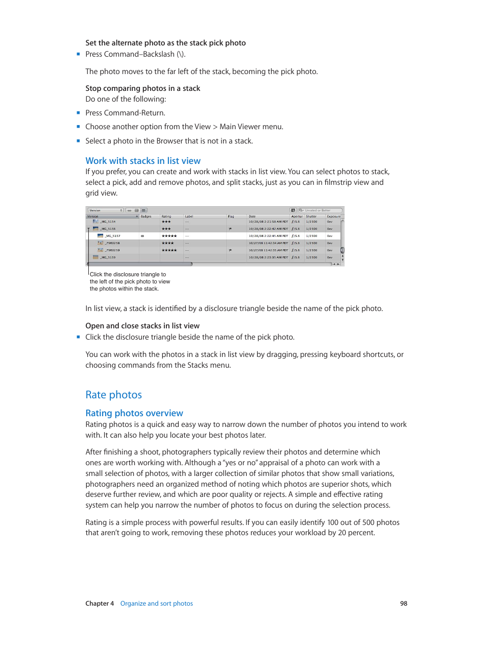 Work with stacks in list view, Rate photos, Rating photos overview | 98 rate photos 98 | Apple Aperture 3.5 User Manual | Page 98 / 526