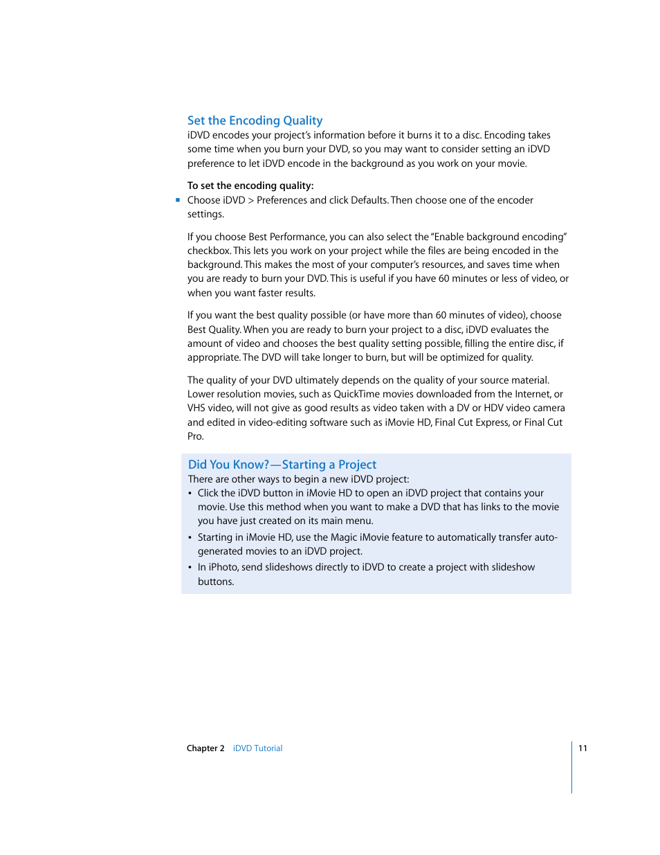 Set the encoding quality, Did you know?—starting a project | Apple iDVD 6 User Manual | Page 11 / 48