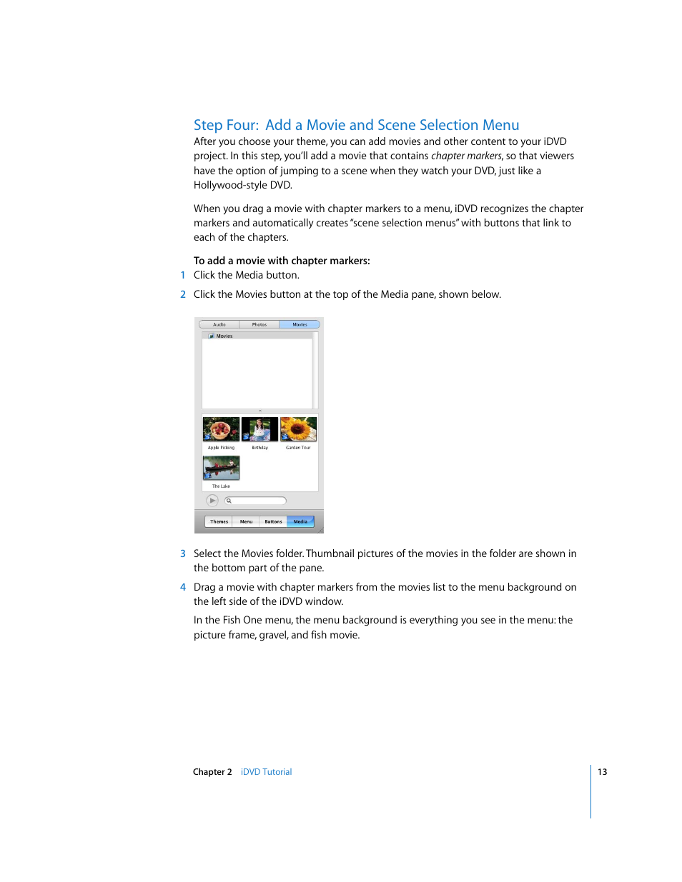 Step four:add a movie and scene selection menu, Step four: add a movie and scene selection menu | Apple iDVD 6 User Manual | Page 13 / 48