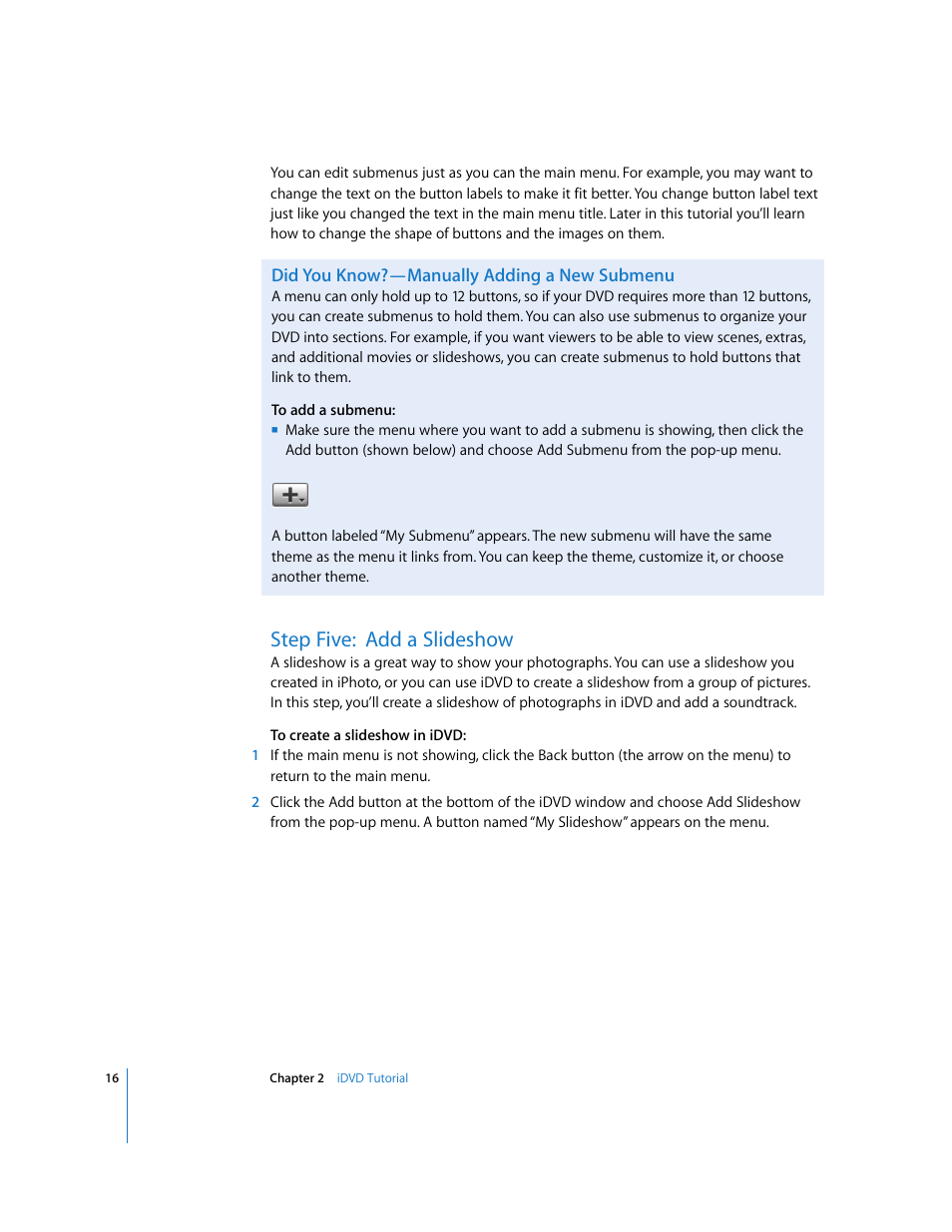 Step five:add a slideshow, Step five: add a slideshow | Apple iDVD 6 User Manual | Page 16 / 48