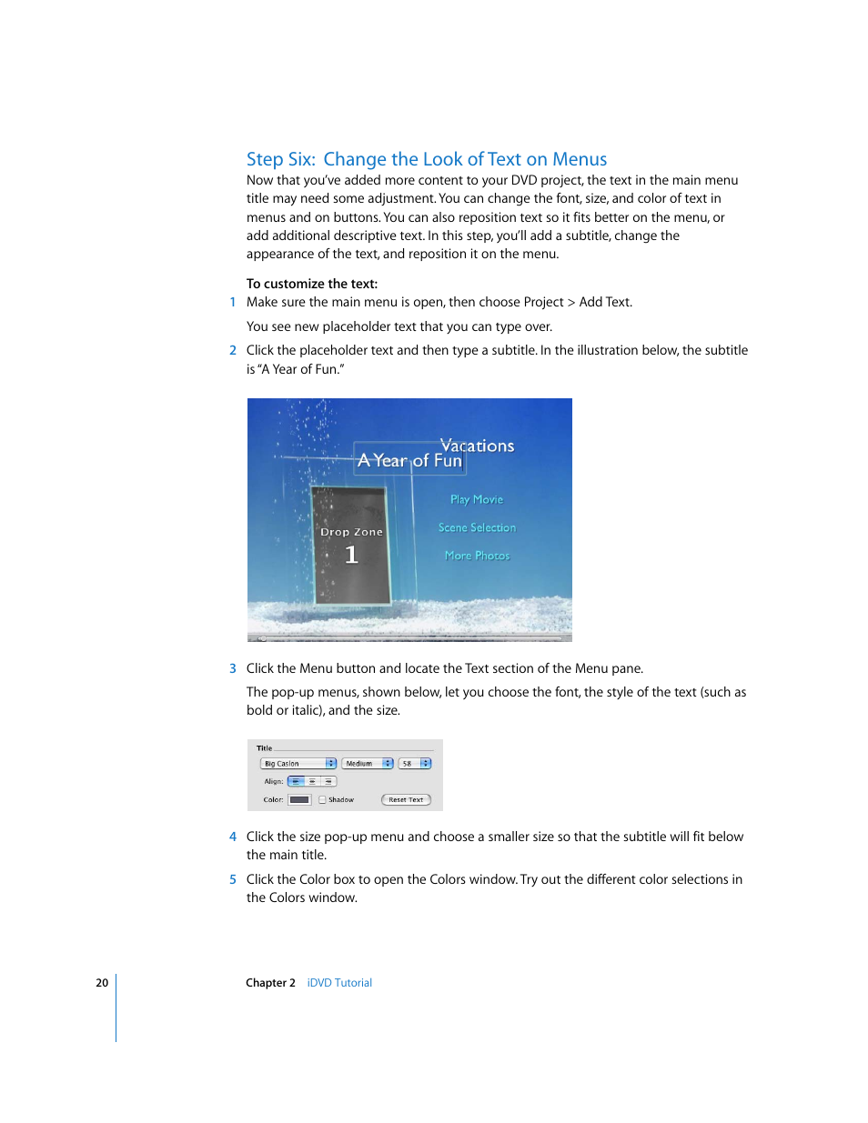 Step six:change the look of text on menus, Step six: change the look of text on menus | Apple iDVD 6 User Manual | Page 20 / 48