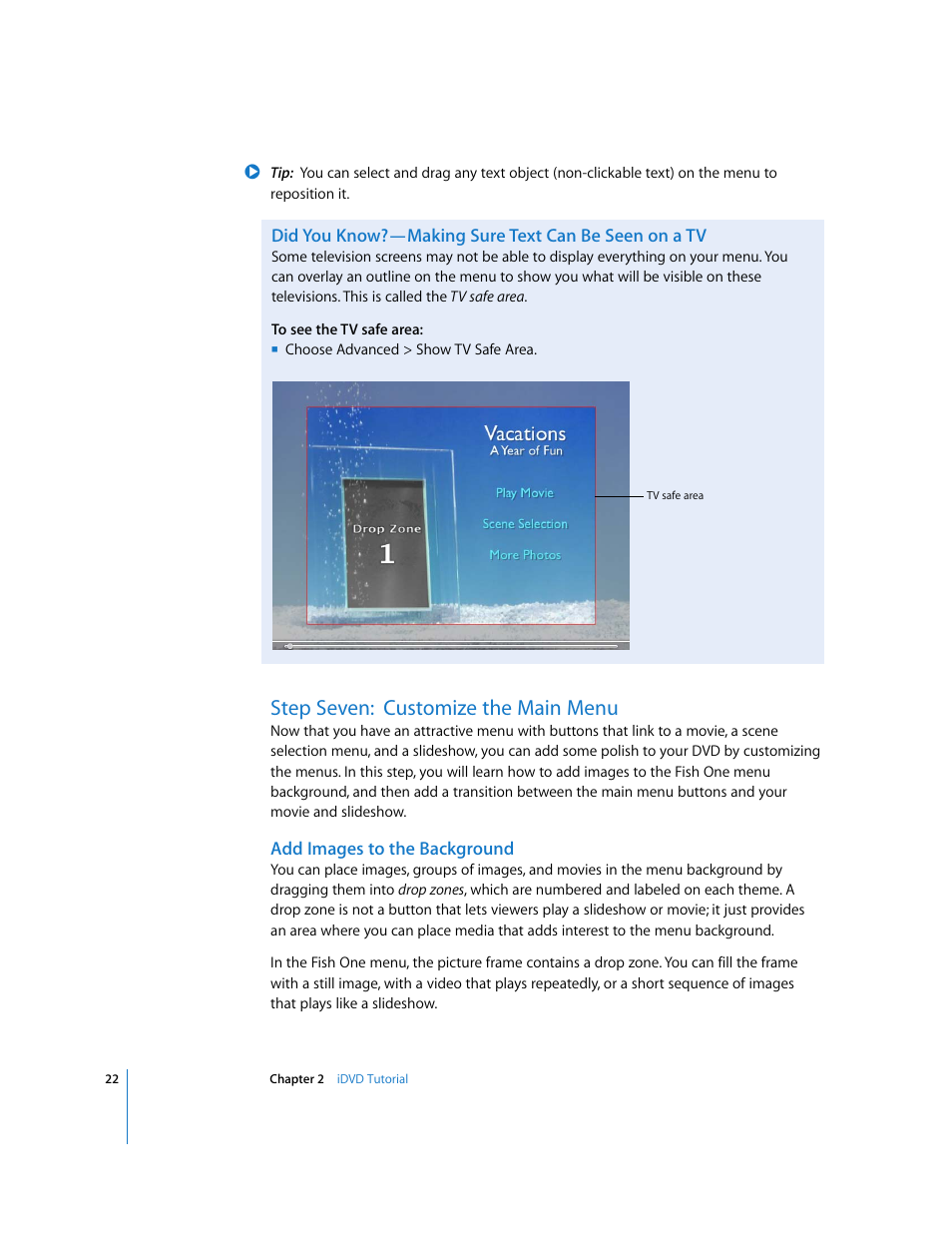Did you know?—making sure text can be seen on a tv, Step seven:customize the main menu, Add images to the background | Step seven: customize the main menu | Apple iDVD 6 User Manual | Page 22 / 48