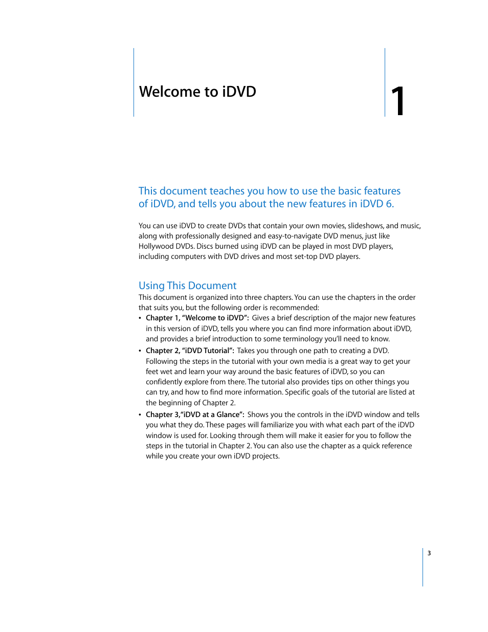 Welcome to idvd, Using this document, Chapter 1 | Apple iDVD 6 User Manual | Page 3 / 48